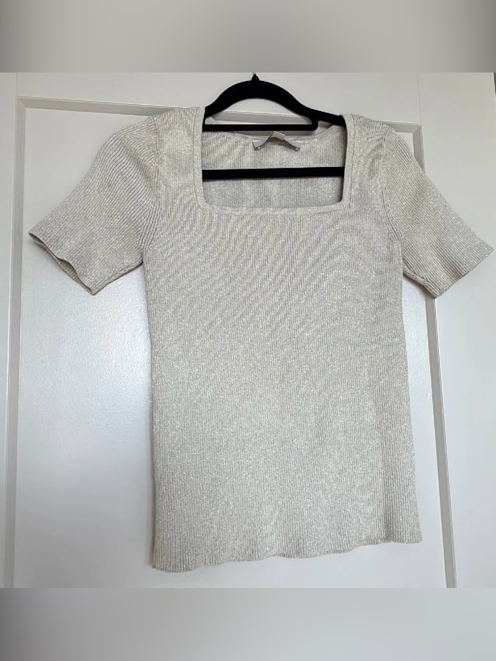 LOFT Women's Cream Square-Neck Ribbed Short Sleeve Gold Knit Shimmer, Size S